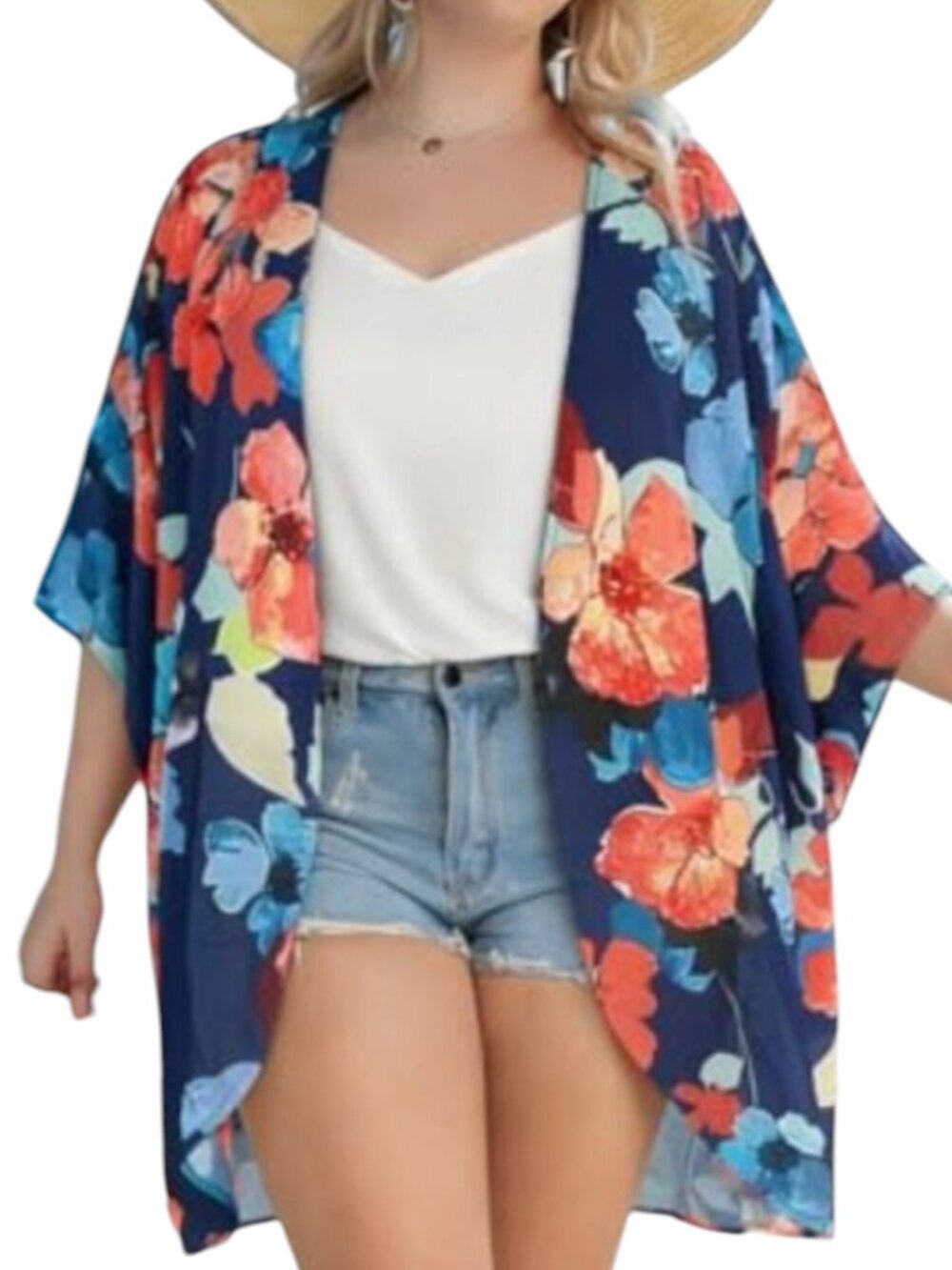 Kimono Open Front Jacket Cardigan Dolman Chiffon Floral Blue Orange L